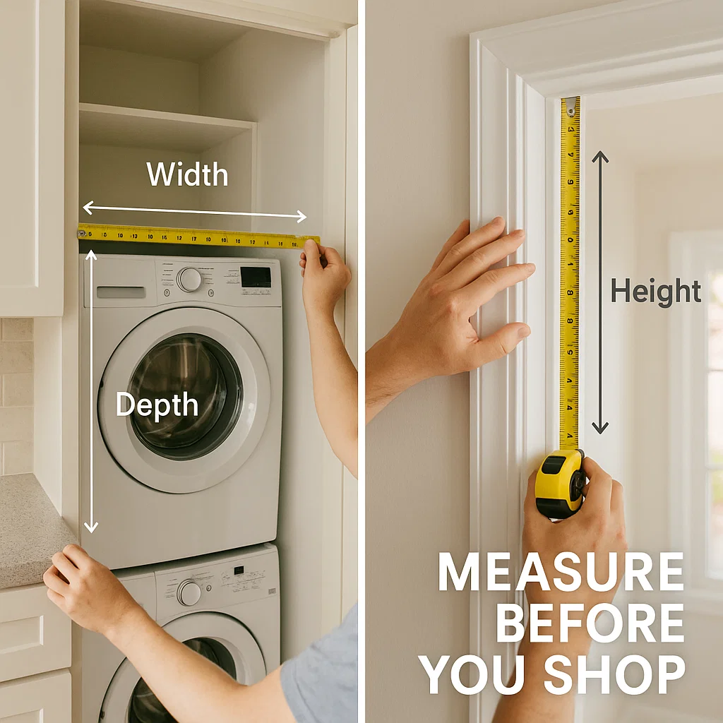 Measuring laundry closet width height depth and doorway for washer and dryer fit