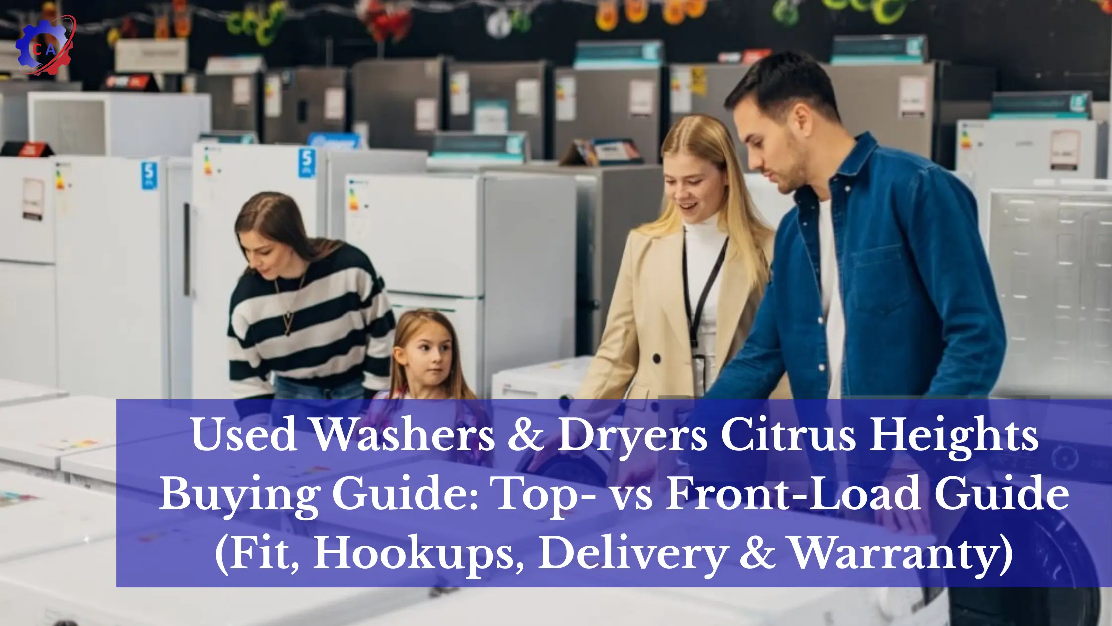 A married couple, a single mother with child is checking used or new washers