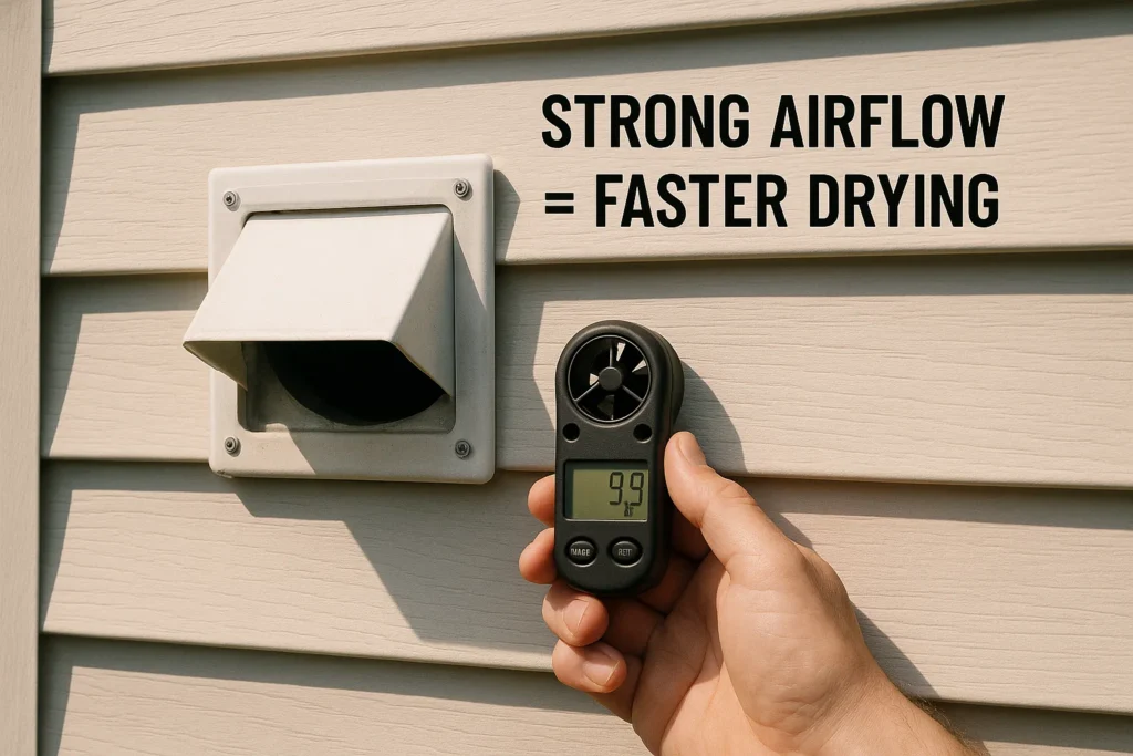 Testing dryer airflow at exterior vent for safety and efficiency
