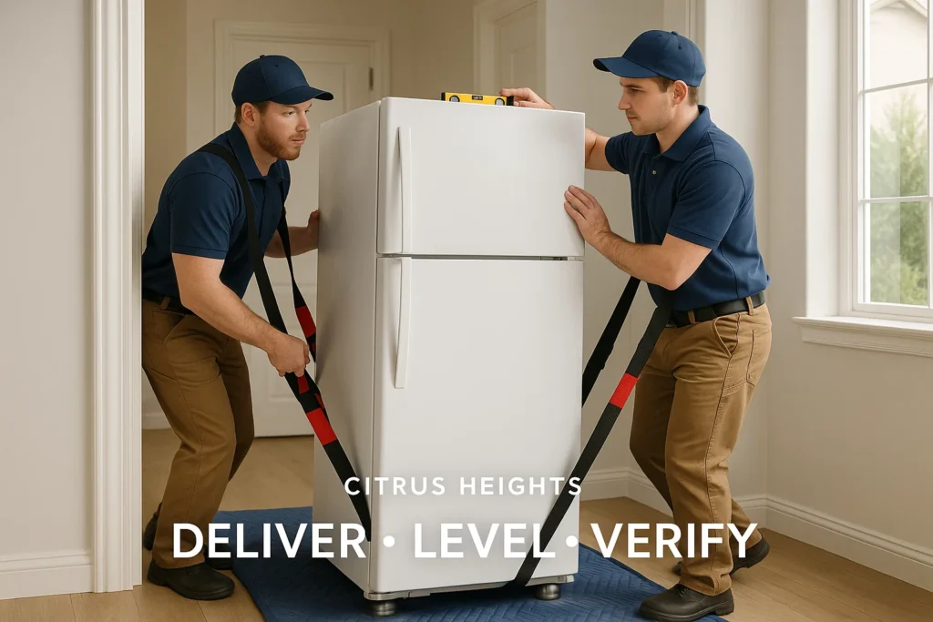 Technicians delivering and leveling a refrigerator in Citrus Heights