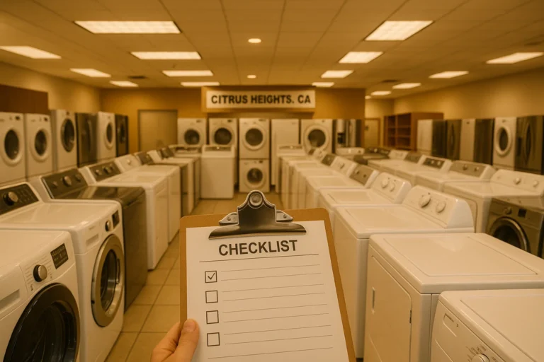 Used washers and dryers lined up at City Appliances in Citrus Heights showroom