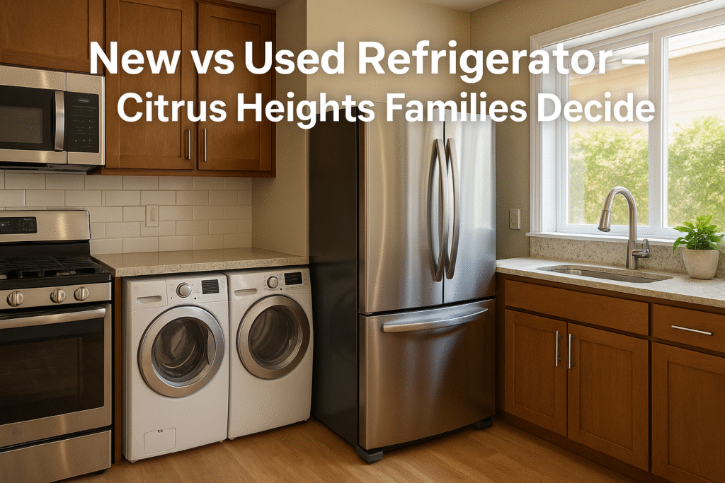 Modern kitchen with stainless steel refrigerator comparing new and used refrigerator options for Citrus Heights families