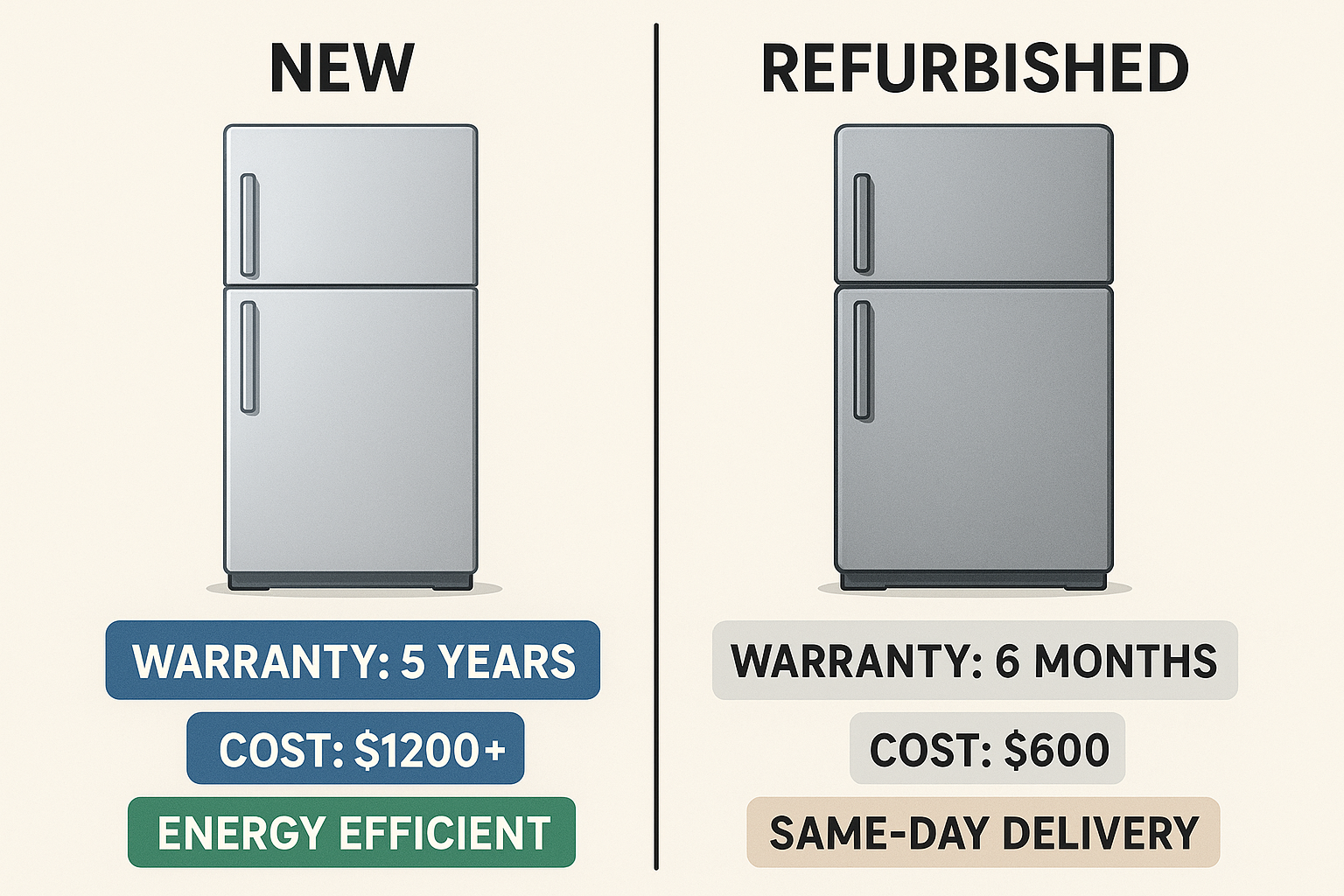 Comparison image showing new vs used refrigerator with cost, warranty, and delivery differences.