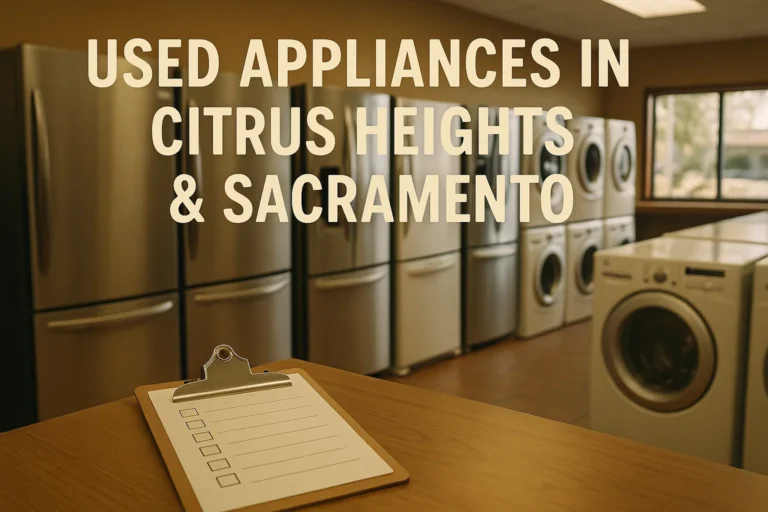 Row of clean used refrigerators, washers, and dryers in a Citrus Heights appliance store showroom
