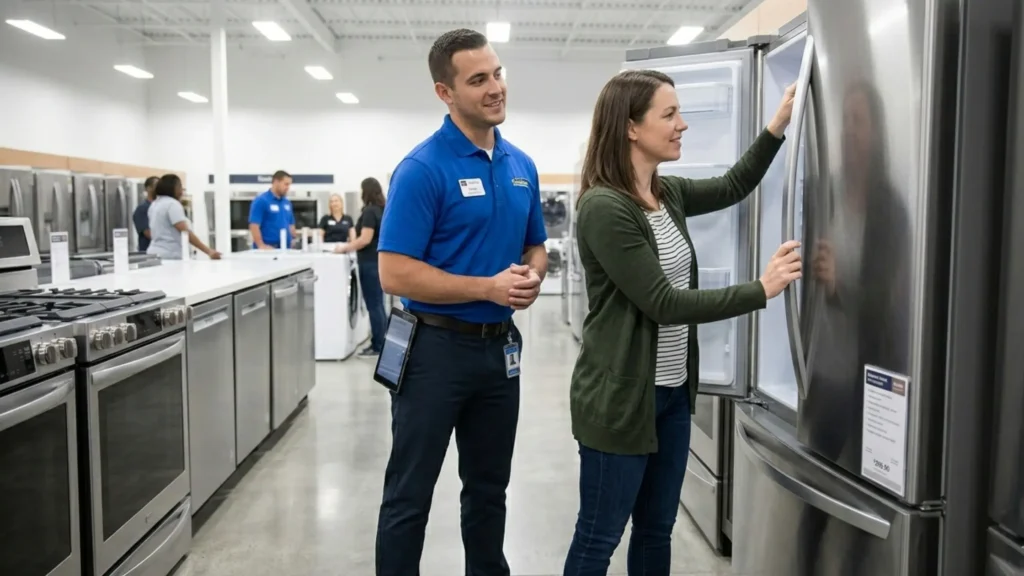 A salesman helps a customer to choose right appliance