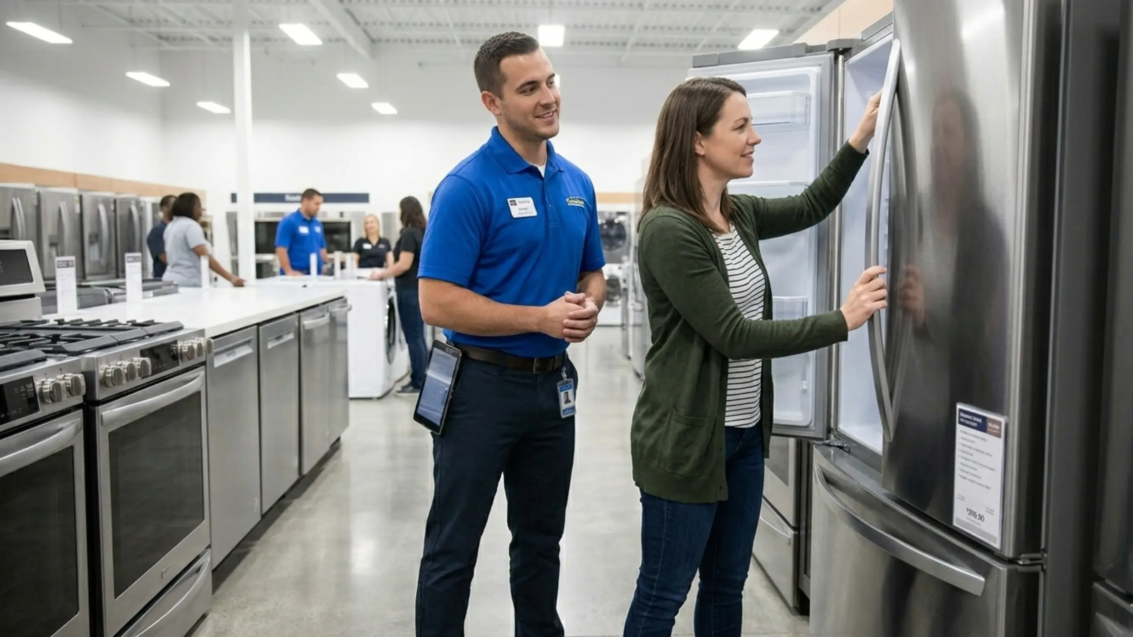 A salesman helps a customer to choose right appliance