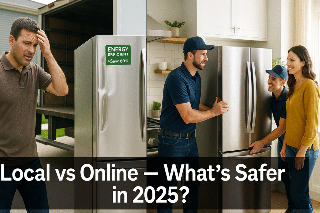 Local appliance store delivery professionals safely installing a refrigerator compared to damaged online appliance delivery