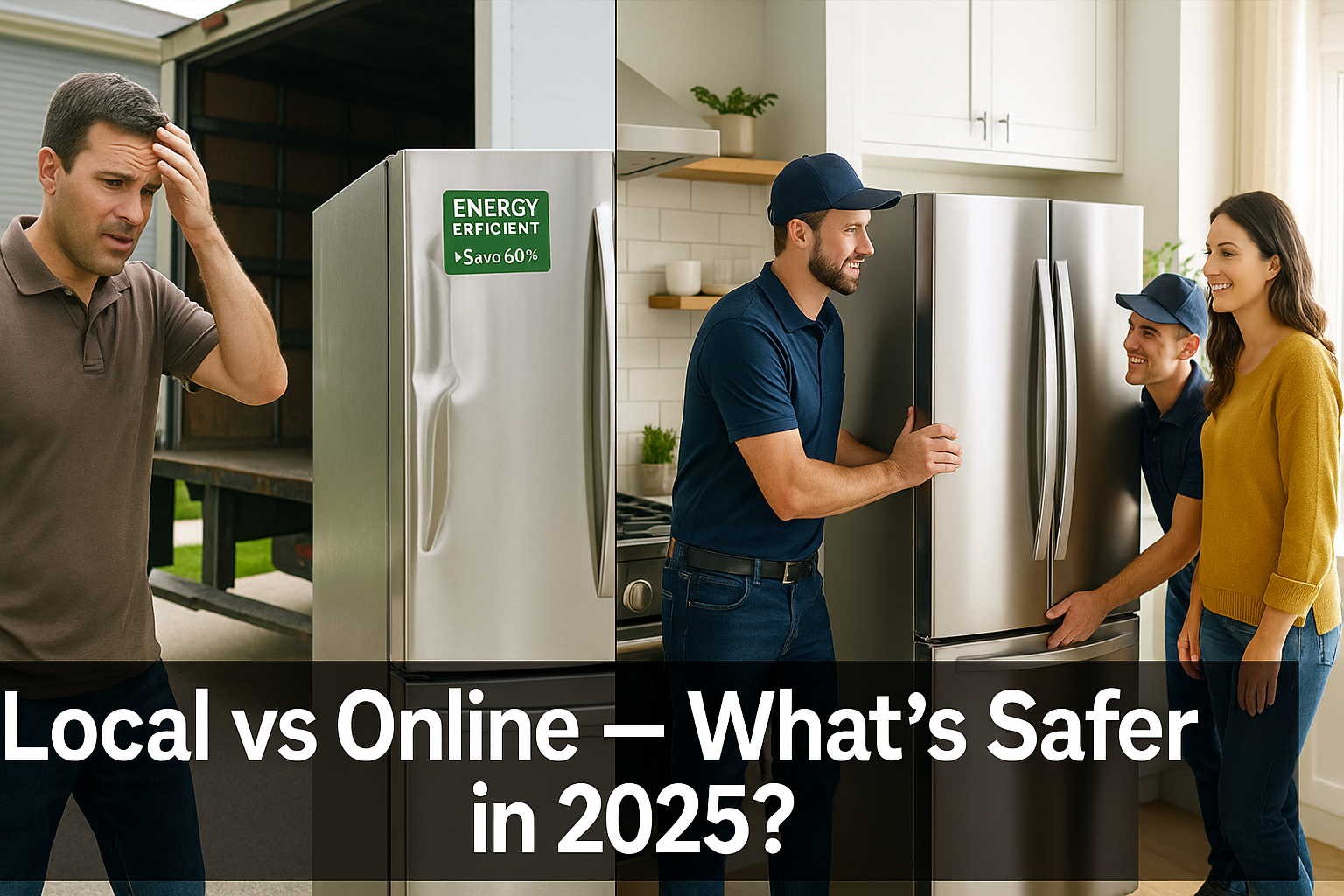 Local appliance store delivery professionals safely installing a refrigerator compared to damaged online appliance delivery