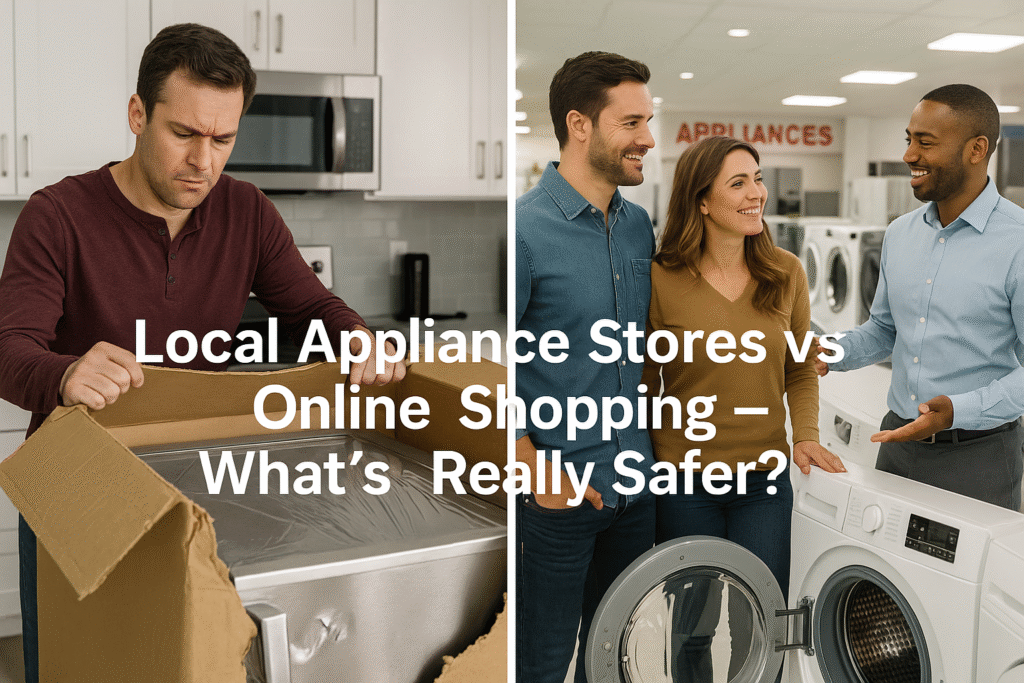 Customer discovering a damaged appliance from online delivery compared to happy shoppers inside a local appliance store showroom