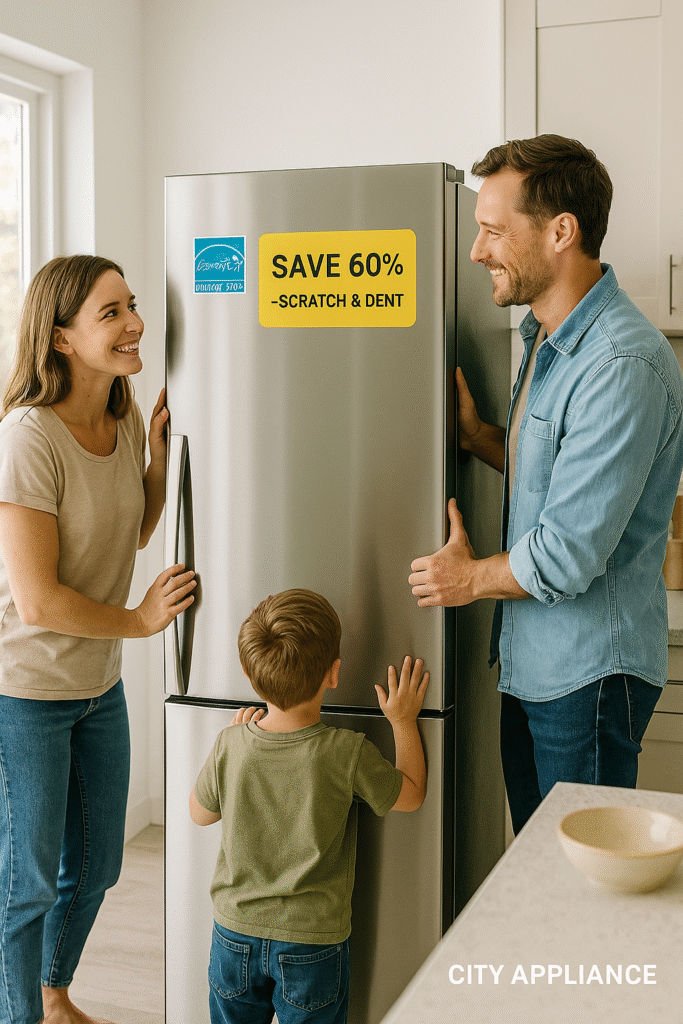Family choosing a scratch and dent refrigerator with 60 percent savings at City Appliances in Citrus Heights California