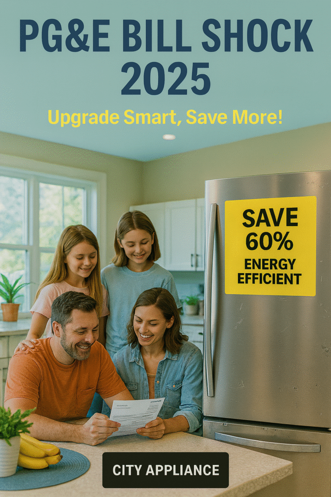 Family reviewing energy bills beside an energy-efficient refrigerator to reduce PG&E costs in Citrus Heights, California