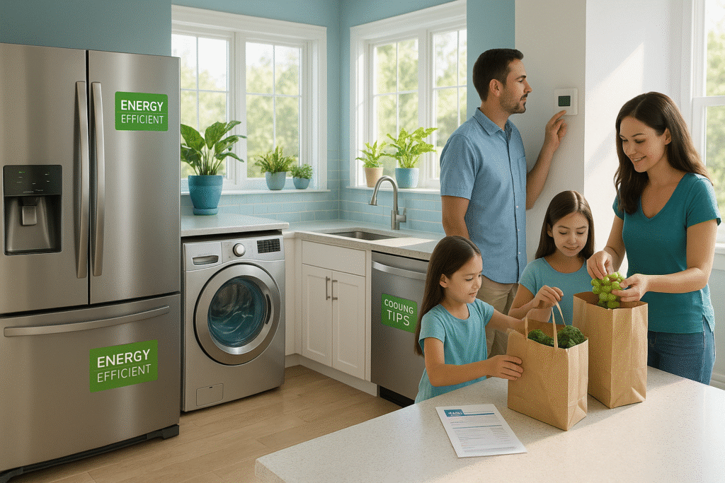 Family using energy-efficient refrigerator, washer, and dishwasher in a modern Citrus Heights kitchen