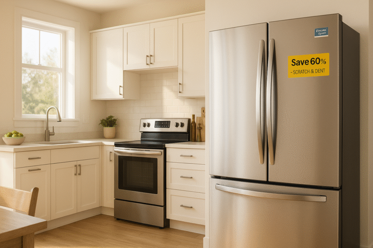 Scratch and dent stainless steel refrigerator in a modern kitchen at a local appliance store in Citrus Heights, California
