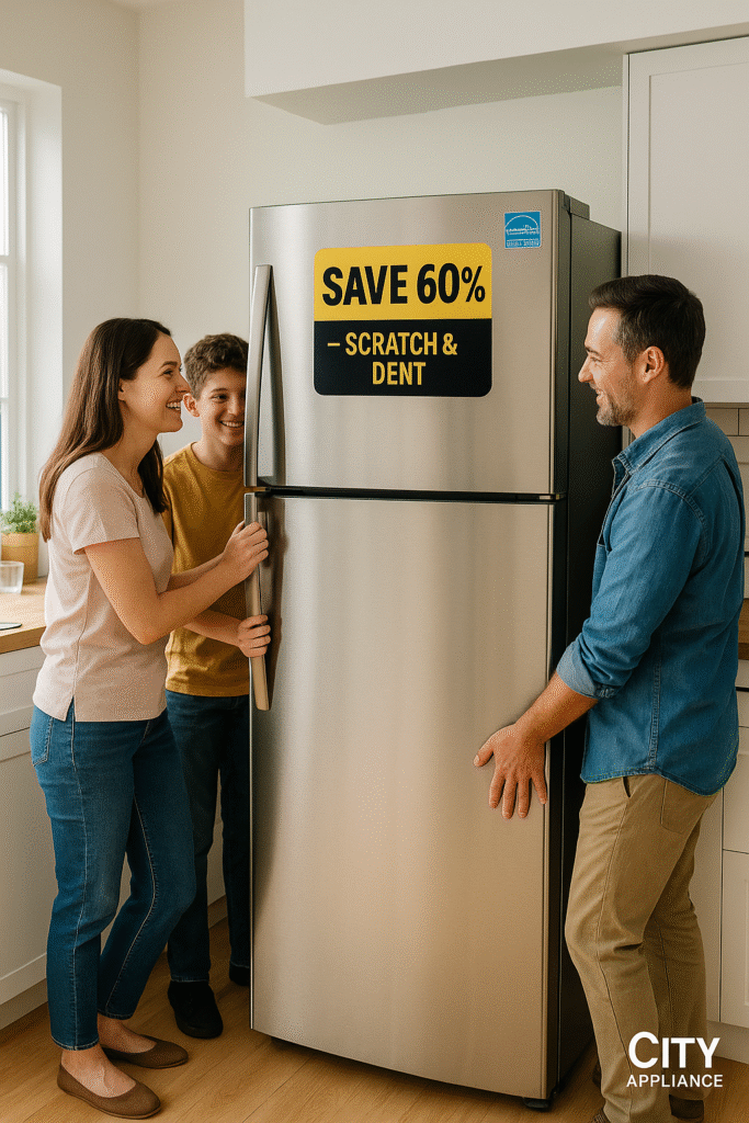 Family choosing a scratch and dent stainless steel refrigerator at a local appliance store in Citrus Heights, California
