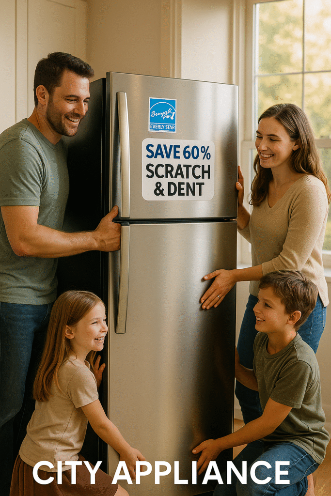 Family purchasing a scratch and dent refrigerator with major savings from a local appliance store in Citrus Heights, California
