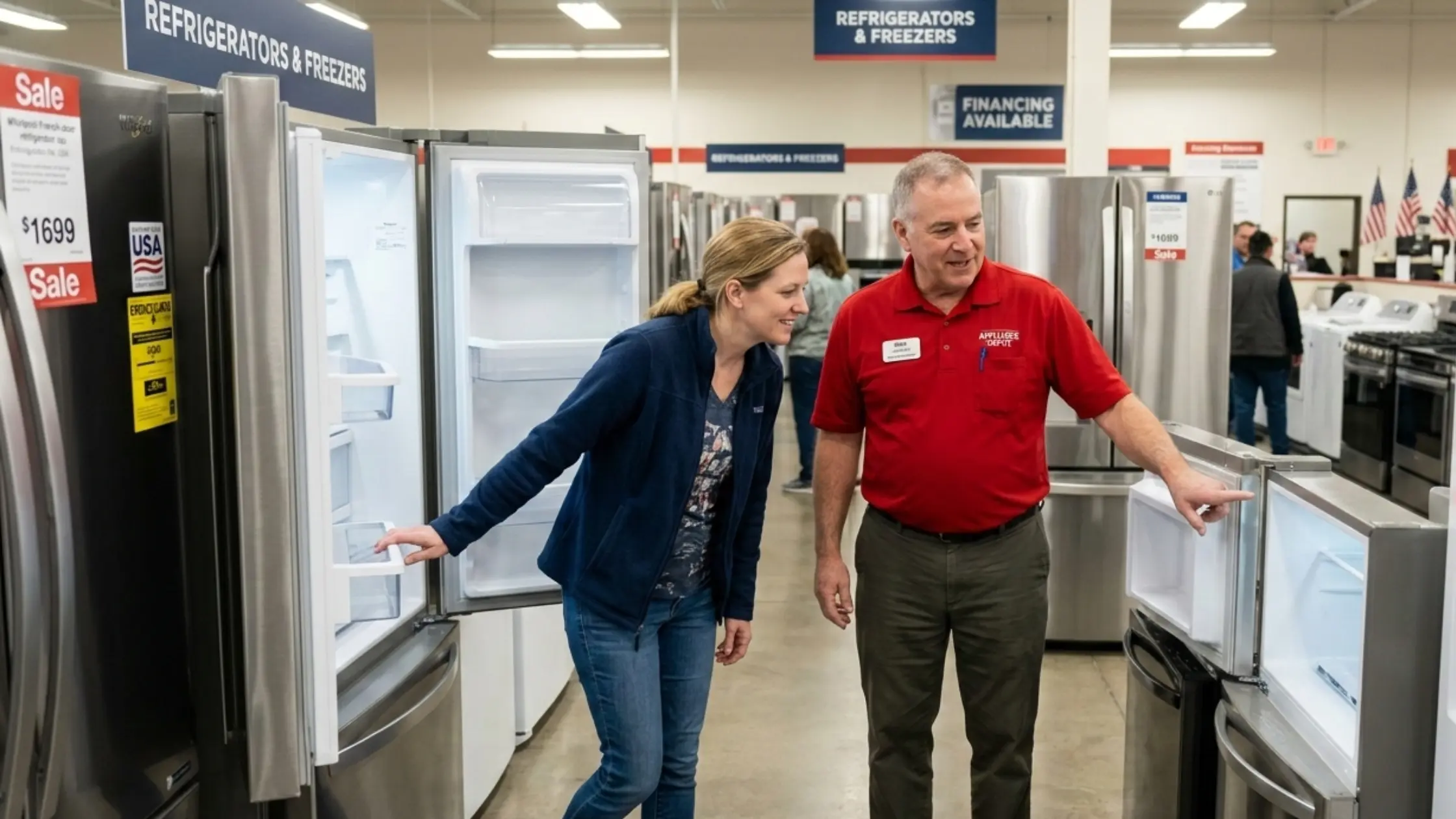 two man and woman is checking used refrigerator
