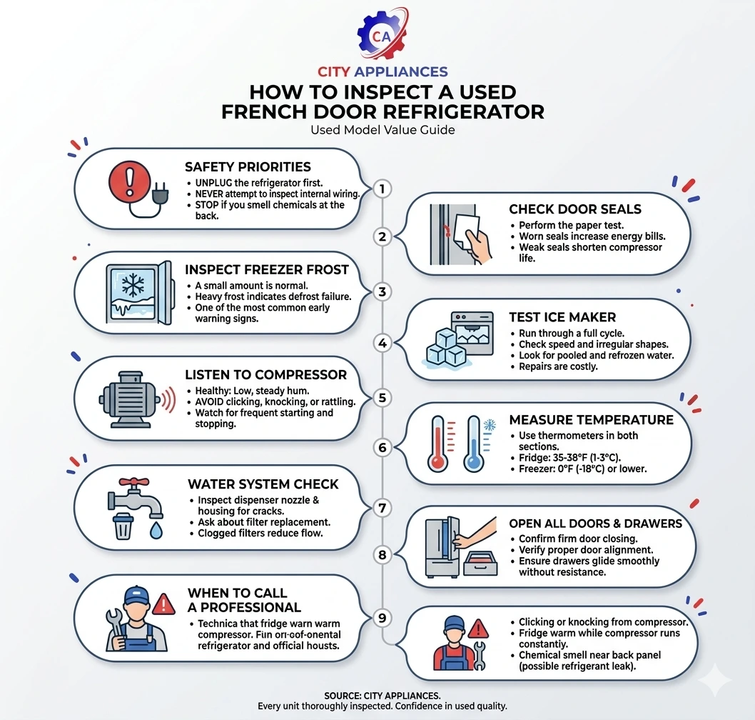 How to Inspect a Used Samsung vs. LG French Door Refrigerator infographics