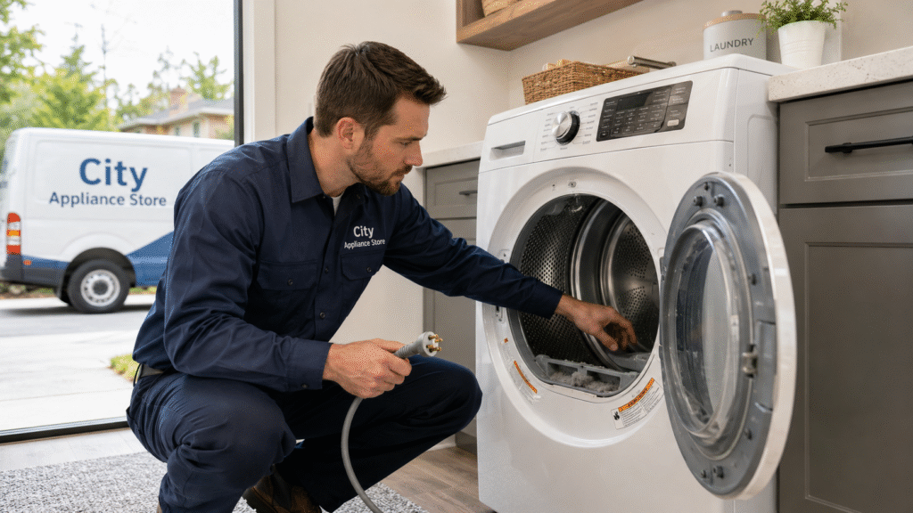 City Appliance Store technician inspecting a used electric dryers before purchase in a Citrus Heights home laundry room.