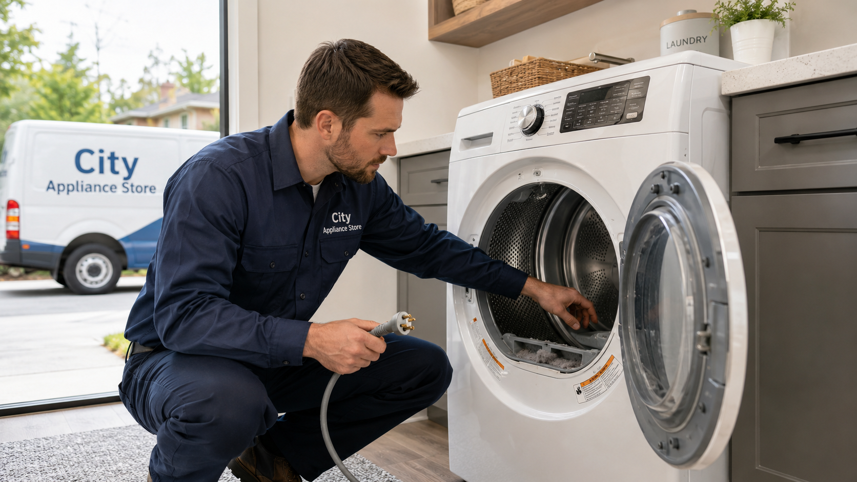 City Appliance Store technician inspecting a used electric dryers before purchase in a Citrus Heights home laundry room.