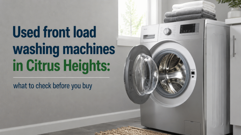 Used front load washing machine in Citrus Heights with open door in a bright, modern laundry room