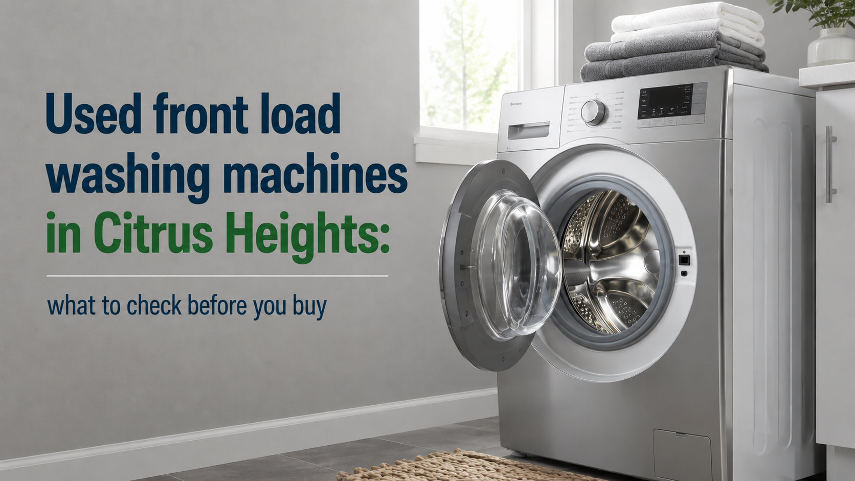 Used front load washing machine in Citrus Heights with open door in a bright, modern laundry room