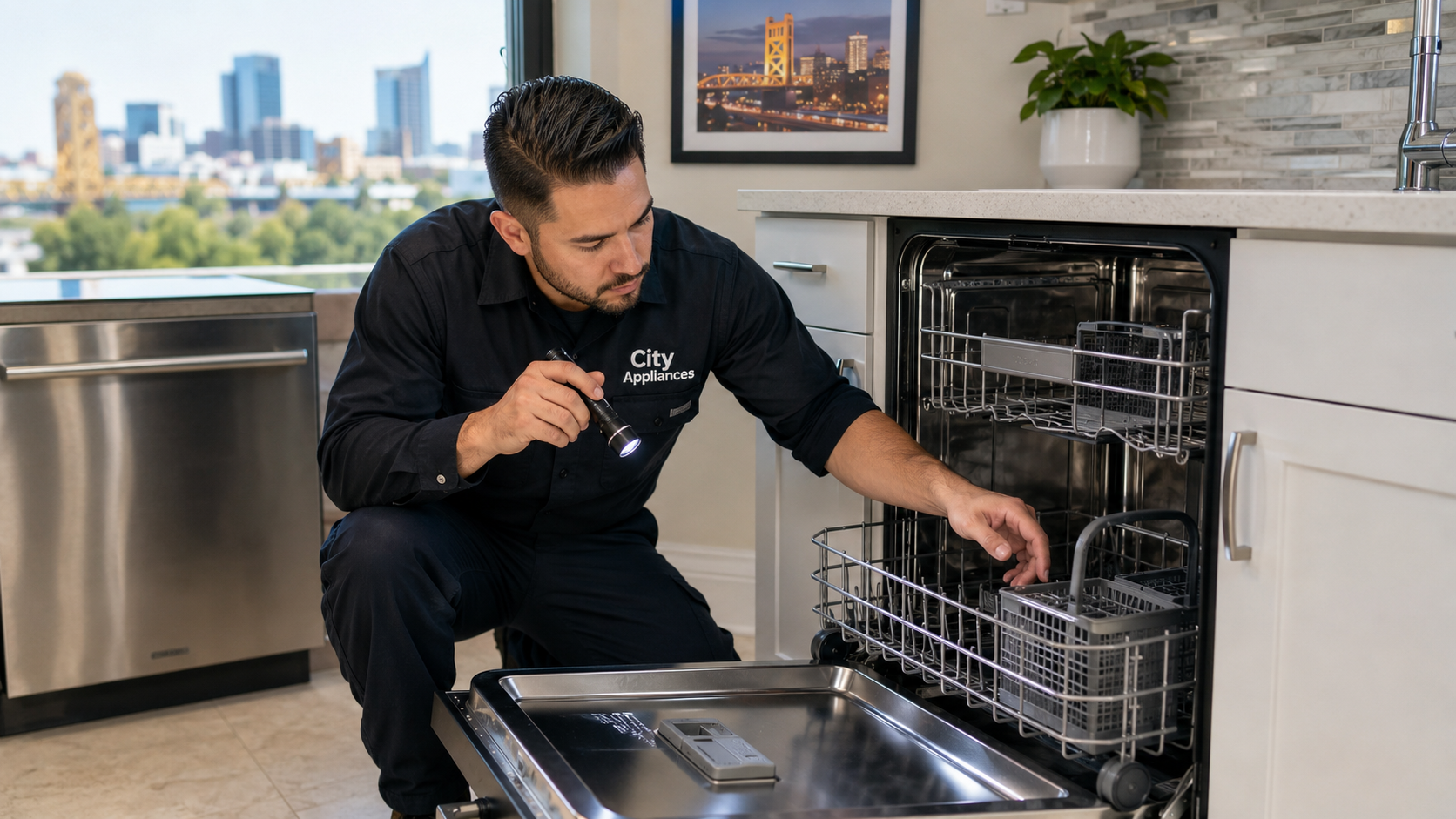 City Appliances technician inspecting a used 24-inch built-in dishwasher in a Sacramento kitchen before purchase.