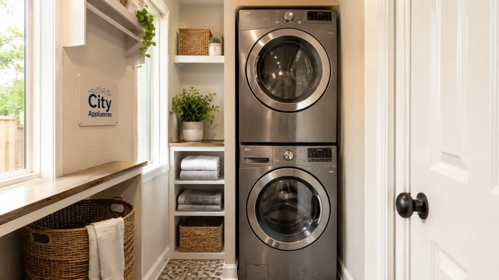 Stackable front load washer and dryer in a small laundry room with City Appliances branding, ideal for Citrus Heights homes.