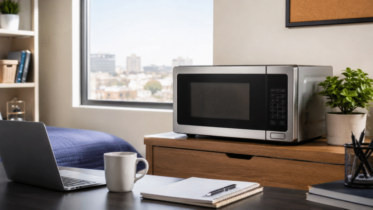 Best microwave for a dorm room or office on a tidy desk with a laptop, notebook, coffee mug, and indoor plant in a bright modern workspace.
