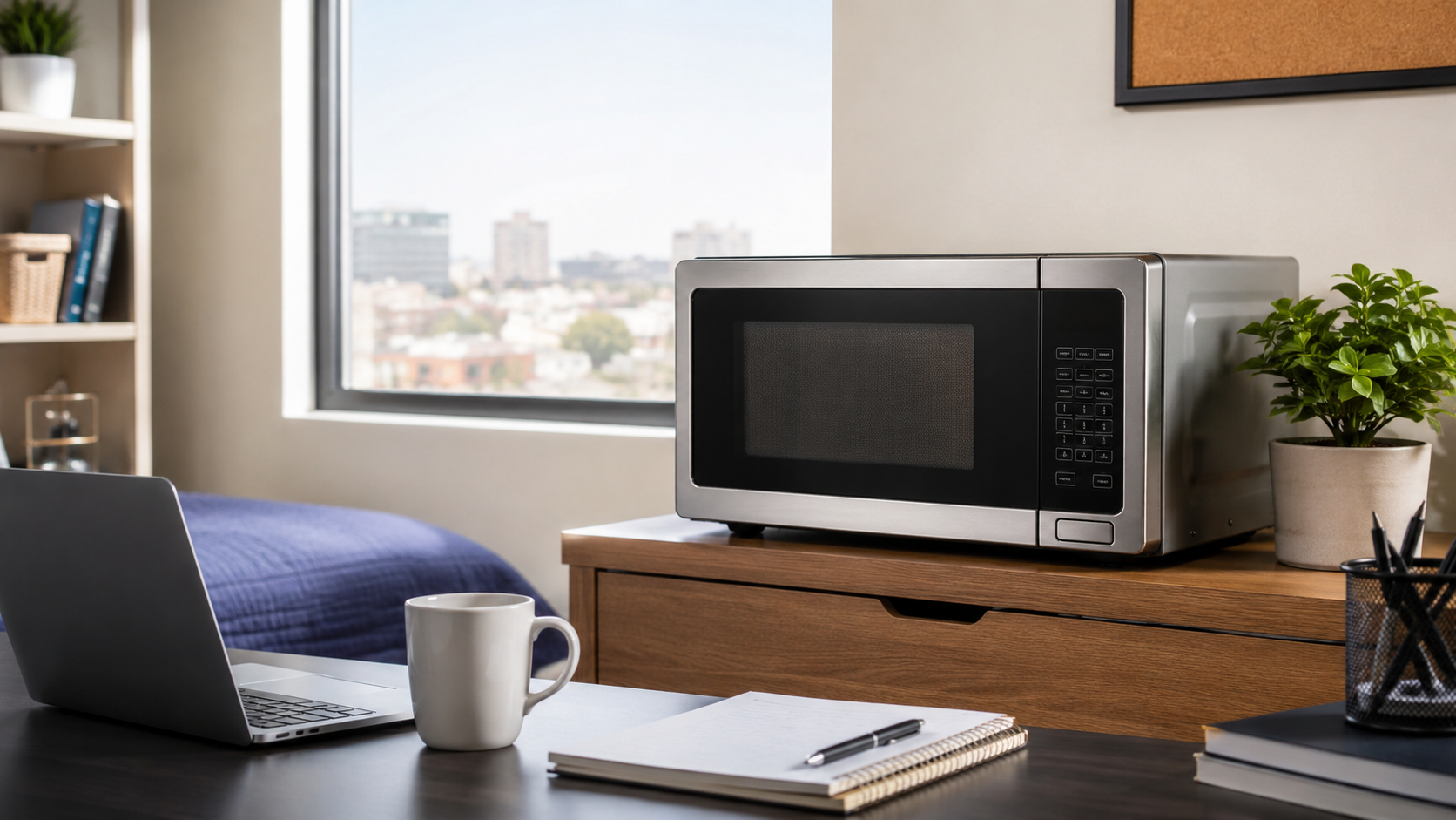 Best microwave for a dorm room or office on a tidy desk with a laptop, notebook, coffee mug, and indoor plant in a bright modern workspace.