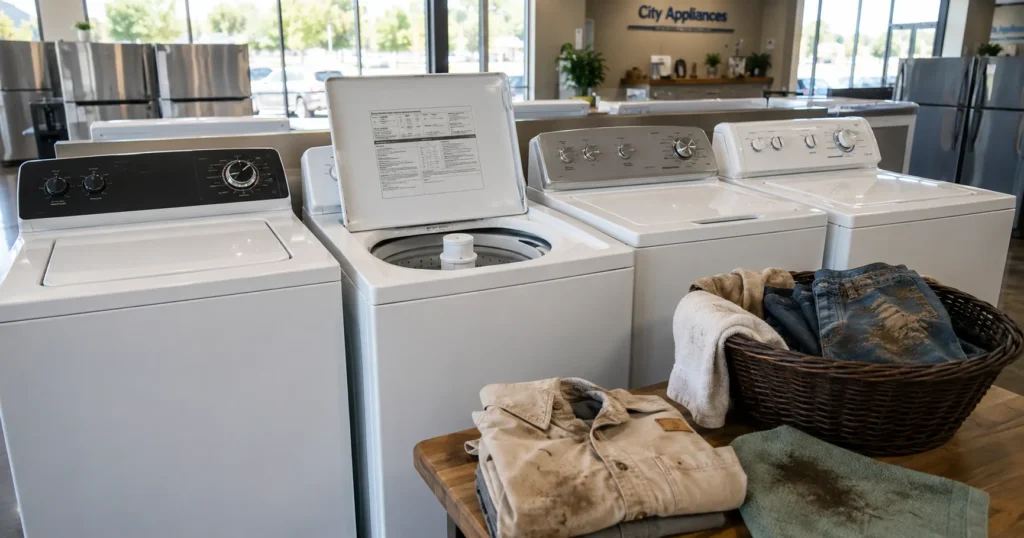 Used top-load agitator washers at City Appliances in Citrus Heights with heavily soiled work clothes ready for washing.