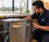 City Appliances technician installing a built-in dishwasher under a kitchen countertop in Sacramento with tools and plumbing connections visible.