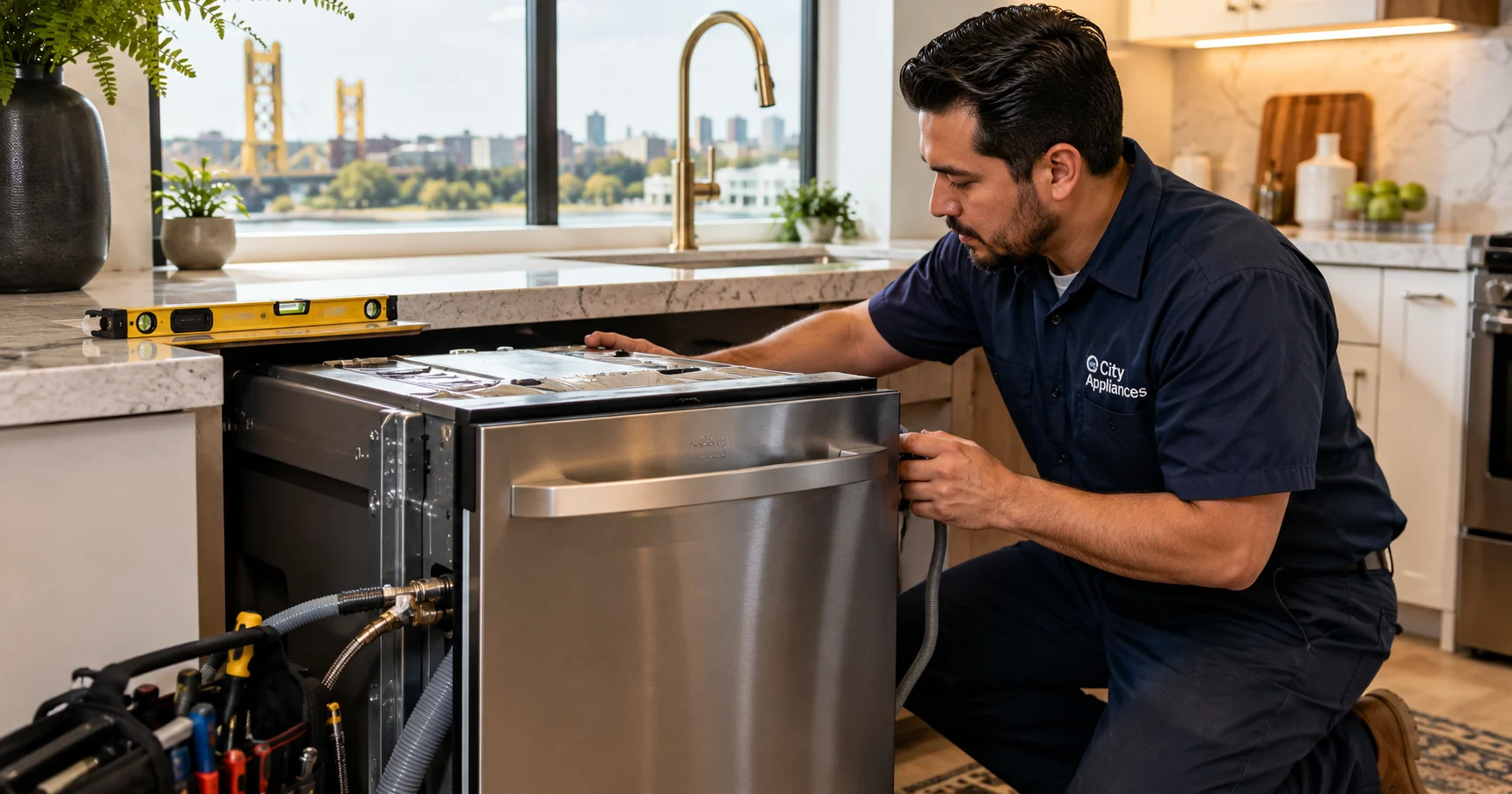City Appliances technician installing a built-in dishwasher under a kitchen countertop in Sacramento with tools and plumbing connections visible.