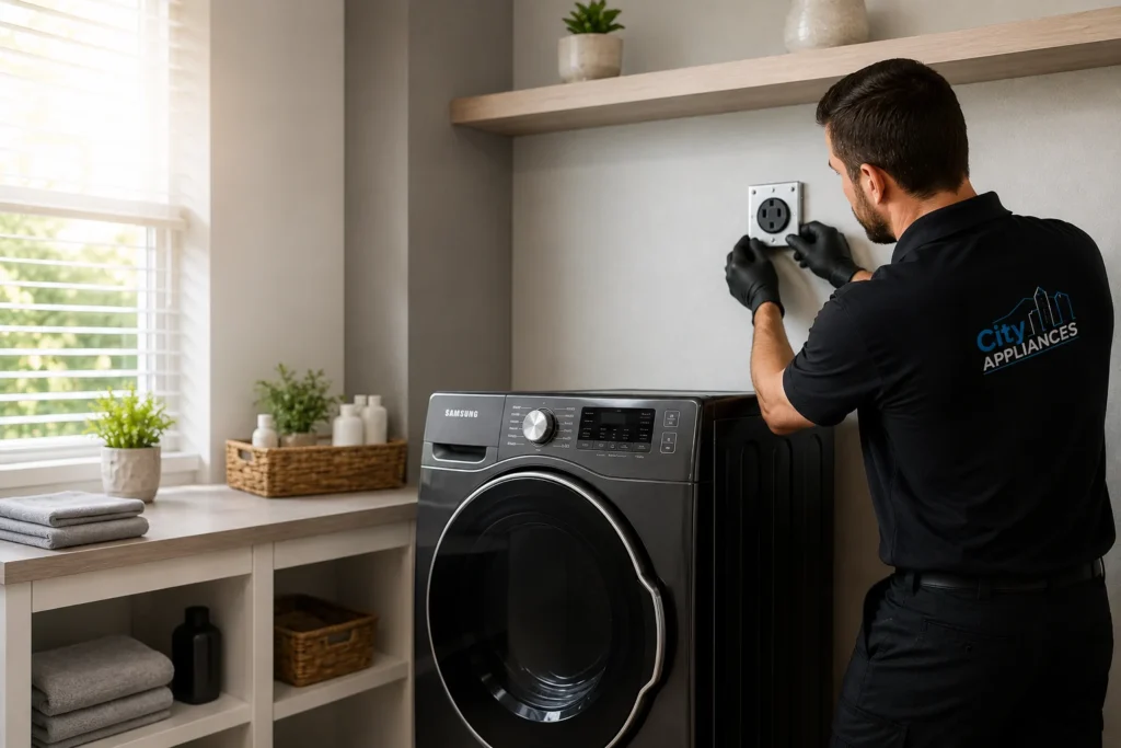 Professional City Appliances technician installing a dedicated 240V outlet for an electric dryer in a residential laundry room.