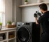 Professional City Appliances technician installing a dedicated 240V outlet for an electric dryer in a residential laundry room.