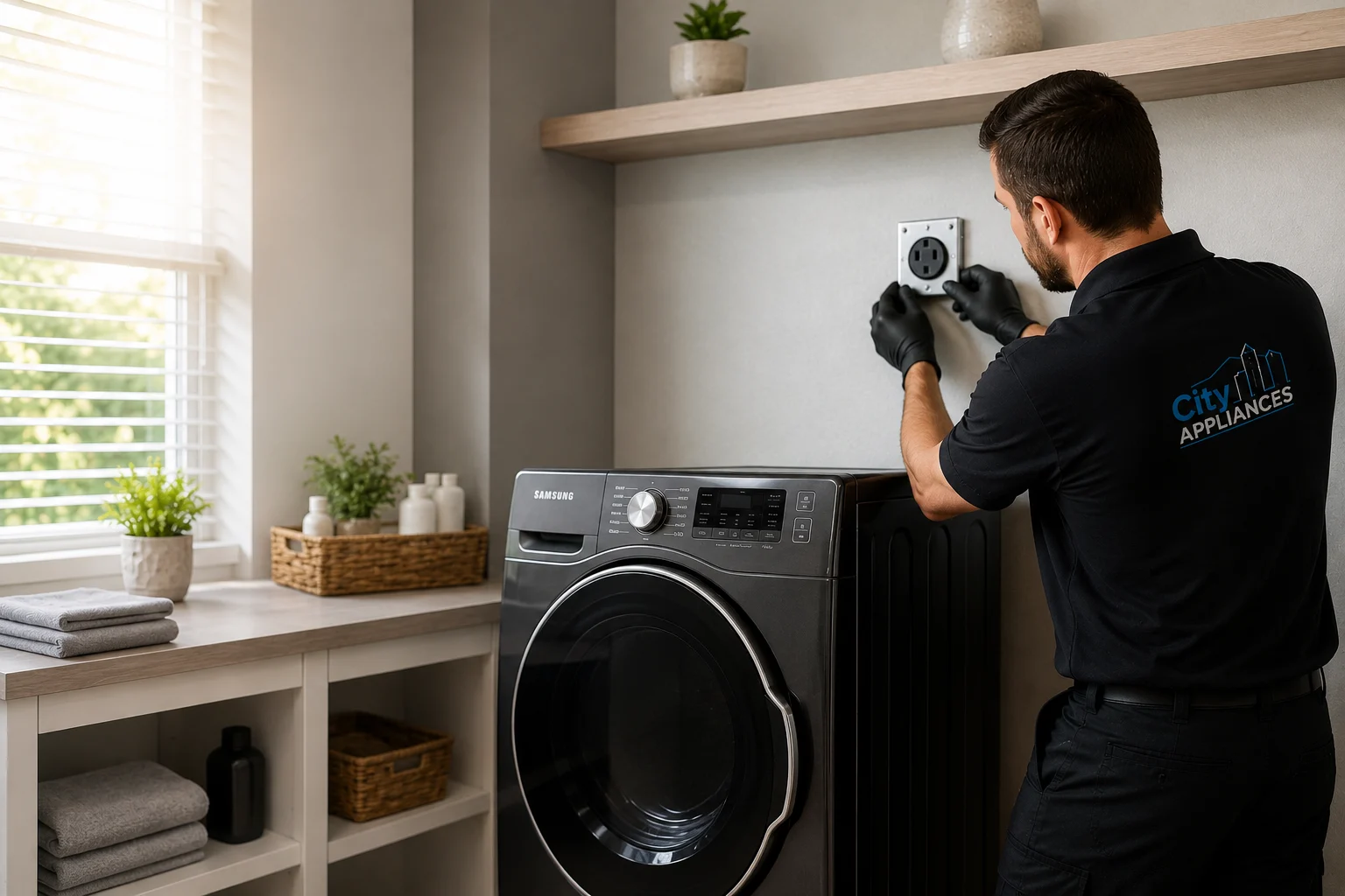 Professional City Appliances technician installing a dedicated 240V outlet for an electric dryer in a residential laundry room.