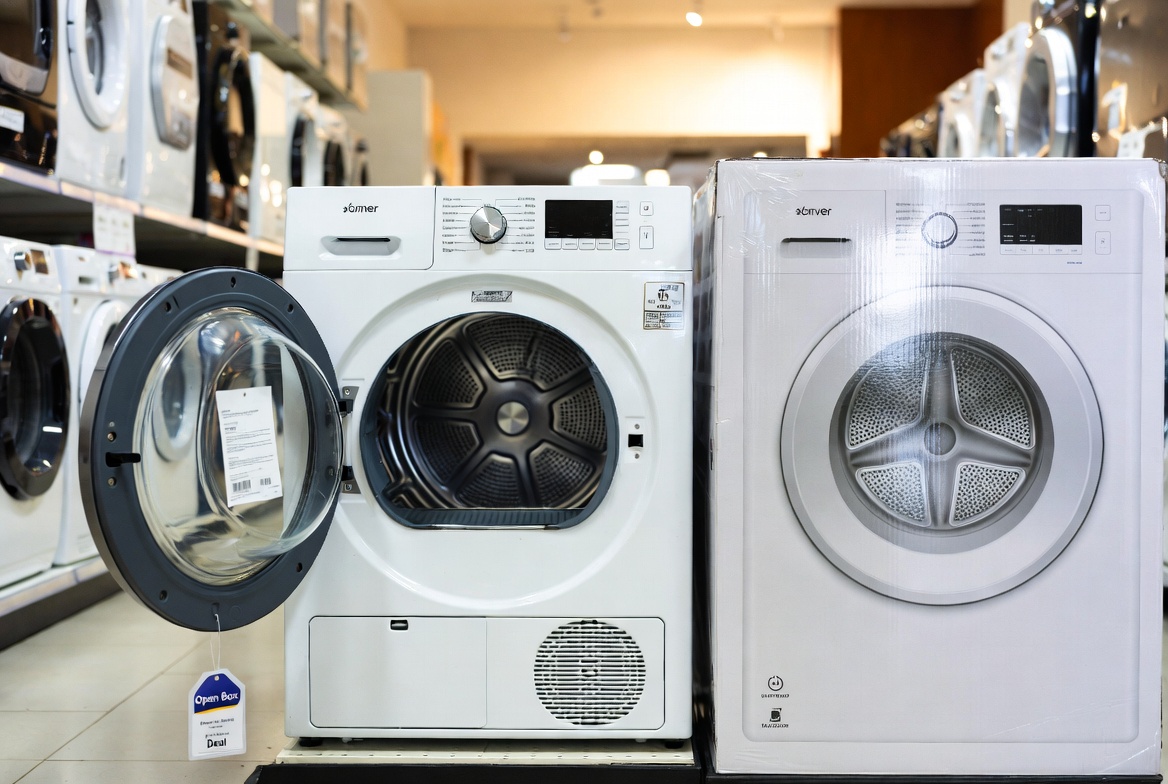 Open box electric dryer with open door next to a brand new boxed dryer at City Appliances