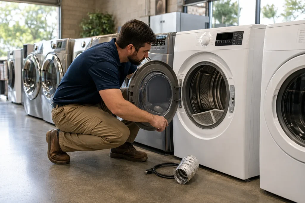 Used electric dryers in Sacramento showroom with City Appliances technician inspecting dryer drum, lint filter, and condition before purchase