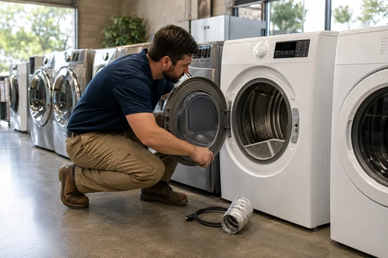 Used electric dryers in Sacramento showroom with City Appliances technician inspecting dryer drum, lint filter, and condition before purchase