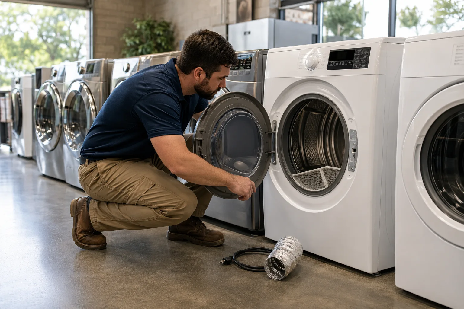 Used electric dryers in Sacramento showroom with City Appliances technician inspecting dryer drum, lint filter, and condition before purchase