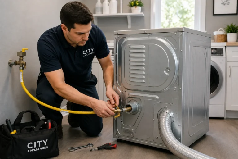 City Appliances technician connecting a gas dryer in a Sacramento laundry room