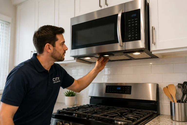 City Appliances technician inspecting an over-the-range microwave vent above a kitchen range in Citrus Heights
