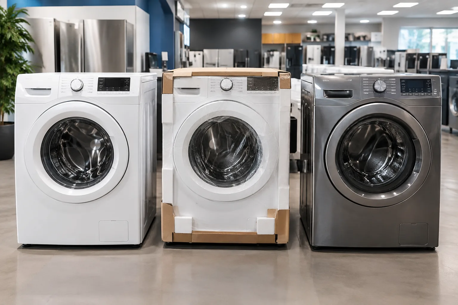 New, open box, and refurbished washing machines in a Citrus Heights appliance showroom
