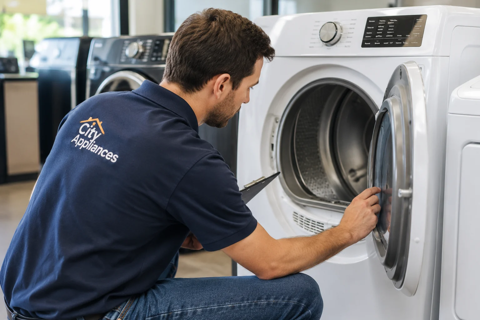 City Appliances technician inspecting the drum and door seal of a used dryer before purchase in Sacramento, California.
